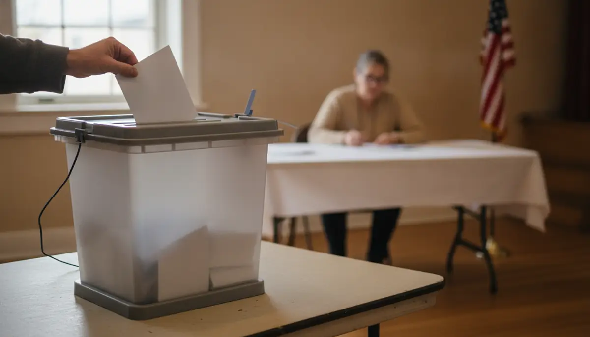 Un electeur glisse son bulletin dans une urne devant un bureau de vote americain
