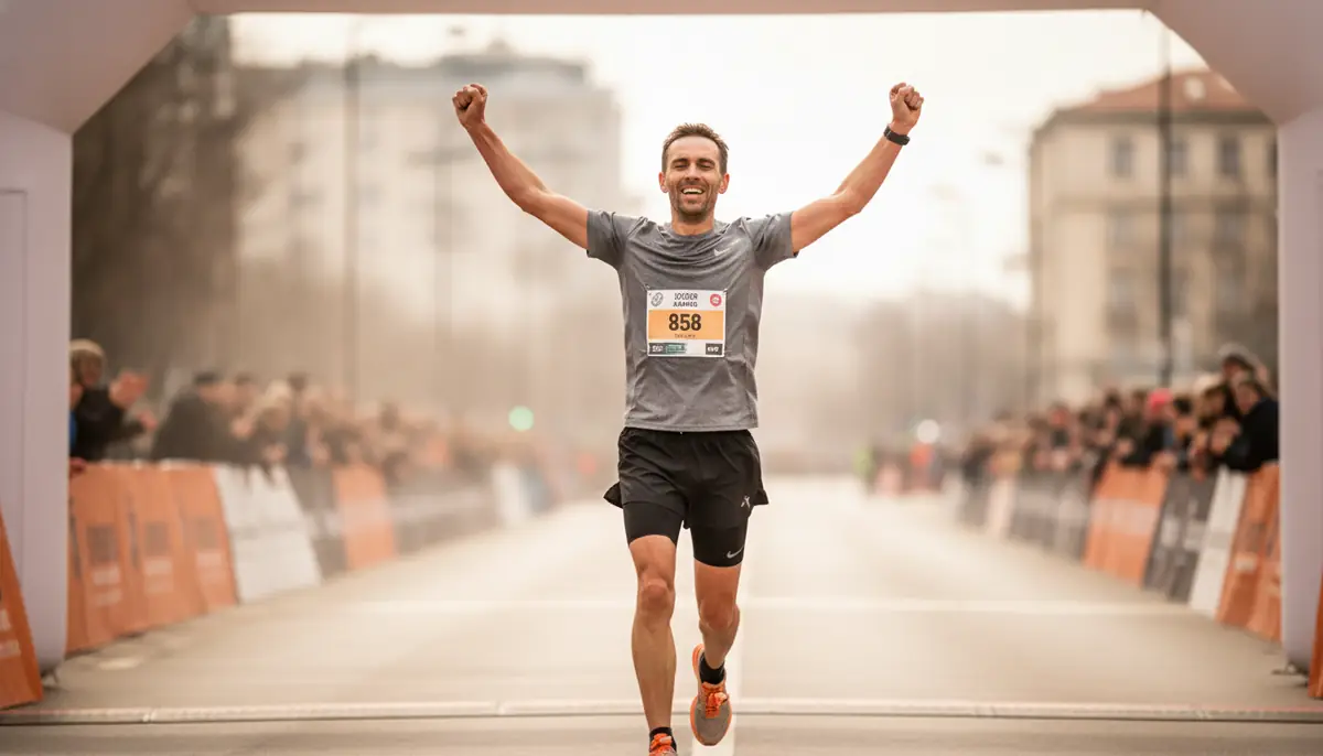 Coureur franchissant la ligne d'arrivee d'un marathon, bras leves, visage marque par l'effort et le soulagement