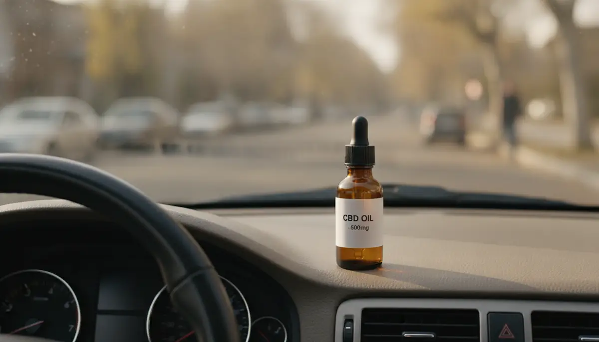 Un flacon d'huile de CBD pose sur un tableau de bord de voiture