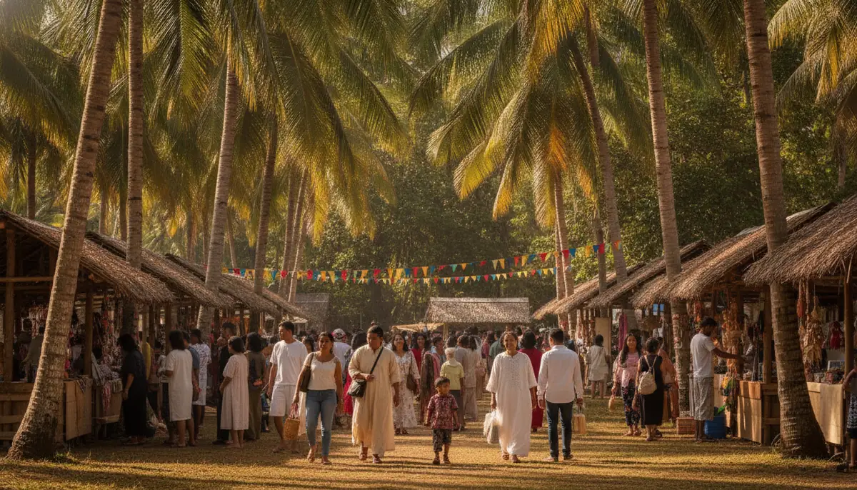 Un marche culturel en plein air sous les palmiers lors d'un festival insulaire