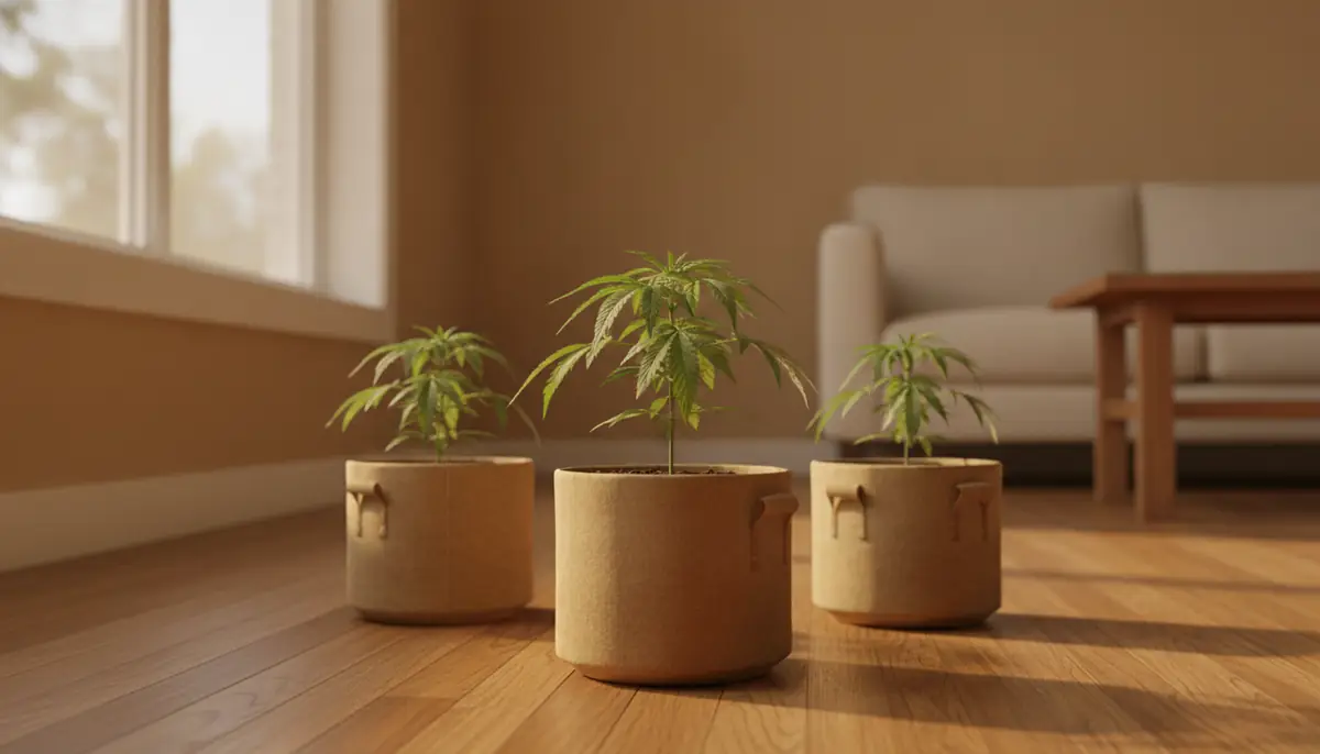 Quelques plants de cannabis cultives a domicile pres d'une fenetre, illustrant le cadre legal de la culture personnelle