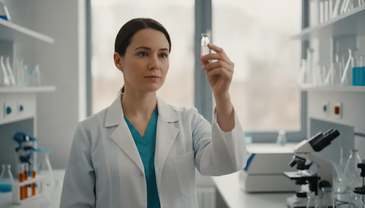 Chercheuse en blouse examinant un flacon transparent dans un laboratoire