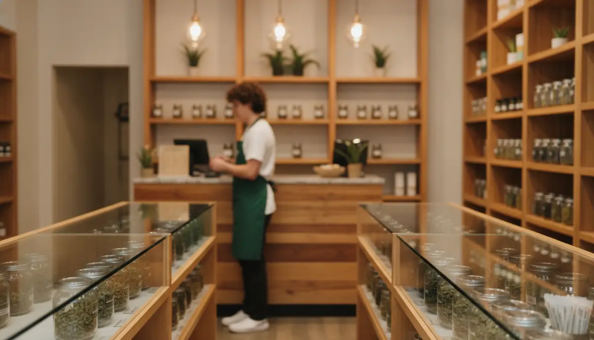 Interieur d'une boutique de cannabis americaine avec presentoirs et vendeur en arriere-plan