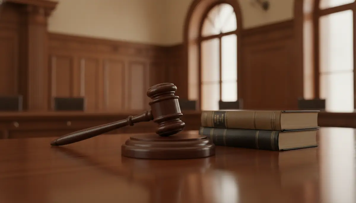Marteau de juge en bois pose sur un bureau a cote de livres de droit, symbole d'une decision de justice