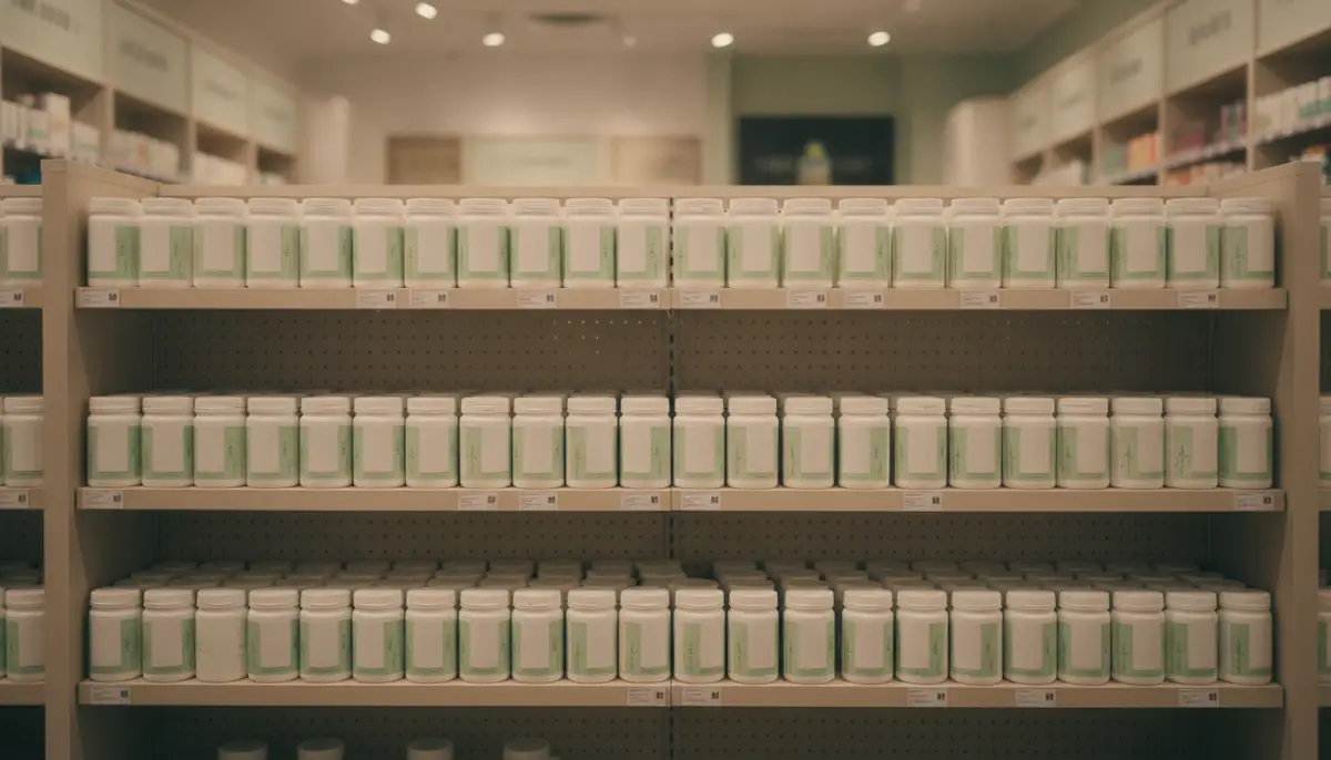 Rayons ordonnes d'une boutique de cannabis reglementee, produits en pots normalises sans marque visible