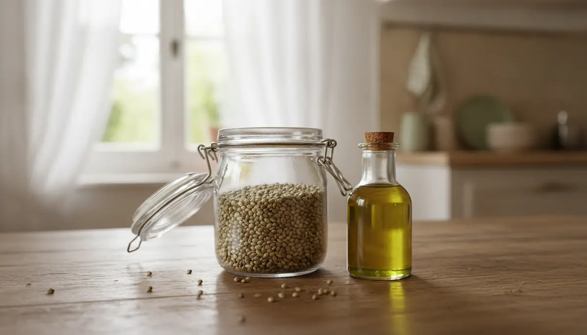 Bocal de graines de chanvre et petite bouteille d'huile de chanvre sur une table de cuisine en bois