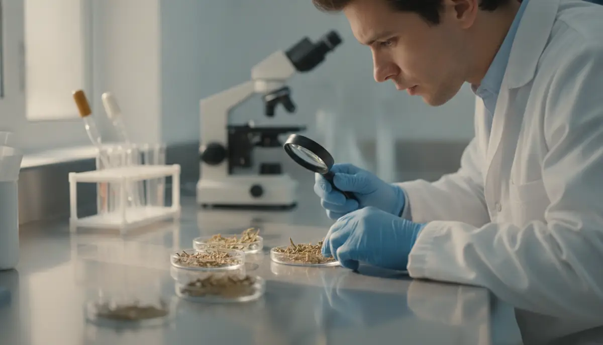Technicien en blouse blanche analysant des echantillons de plante seche sur une paillasse de laboratoire
