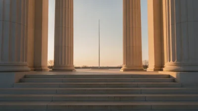 Colonnes et marches en pierre d'une cour suprême d'État américain en fin de journée