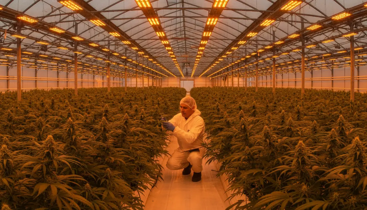 Serre professionnelle de cannabis, rangees de plants verts sous eclairage horticole
