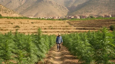 Champ de cannabis cultive en terrasses au pied de montagnes arides, sous un ciel clair de fin d'ete
