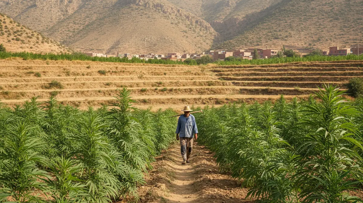 Champ de cannabis cultive en terrasses au pied de montagnes arides, sous un ciel clair de fin d'ete