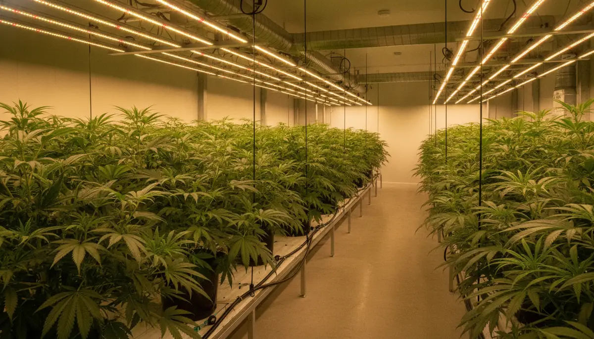 Salle de culture de cannabis médical en intérieur, plants alignés sous éclairage horticole contrôlé