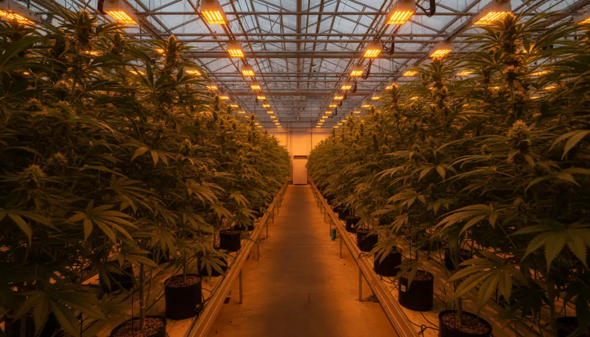 Serre de culture de cannabis legale et encadree, rangees de plants sous eclairage horticole