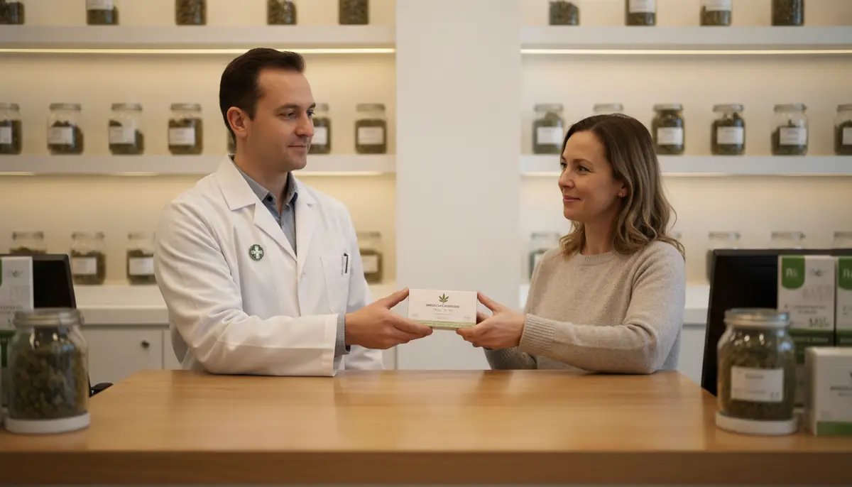 Comptoir d'une officine de cannabis médical aux États-Unis, un pharmacien remet une boîte à un patient