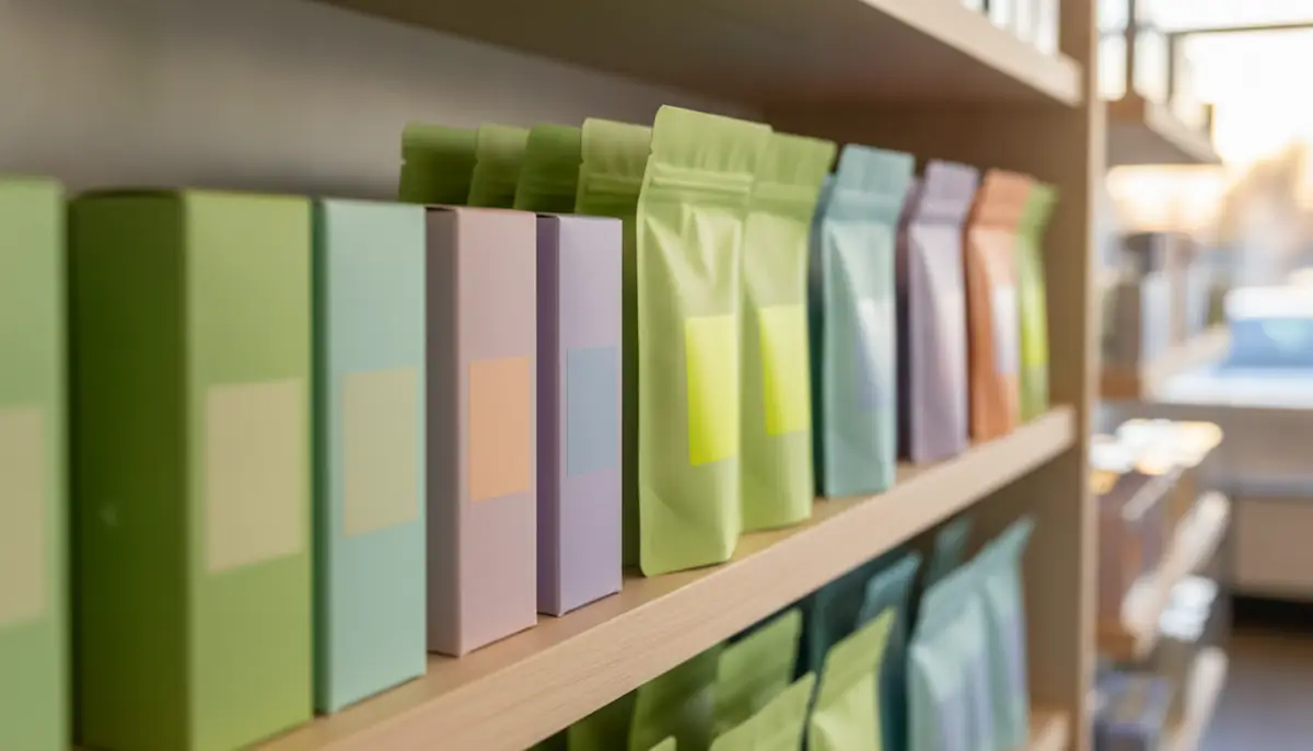 Emballages de produits au cannabis alignés sur les étagères d'une boutique spécialisée