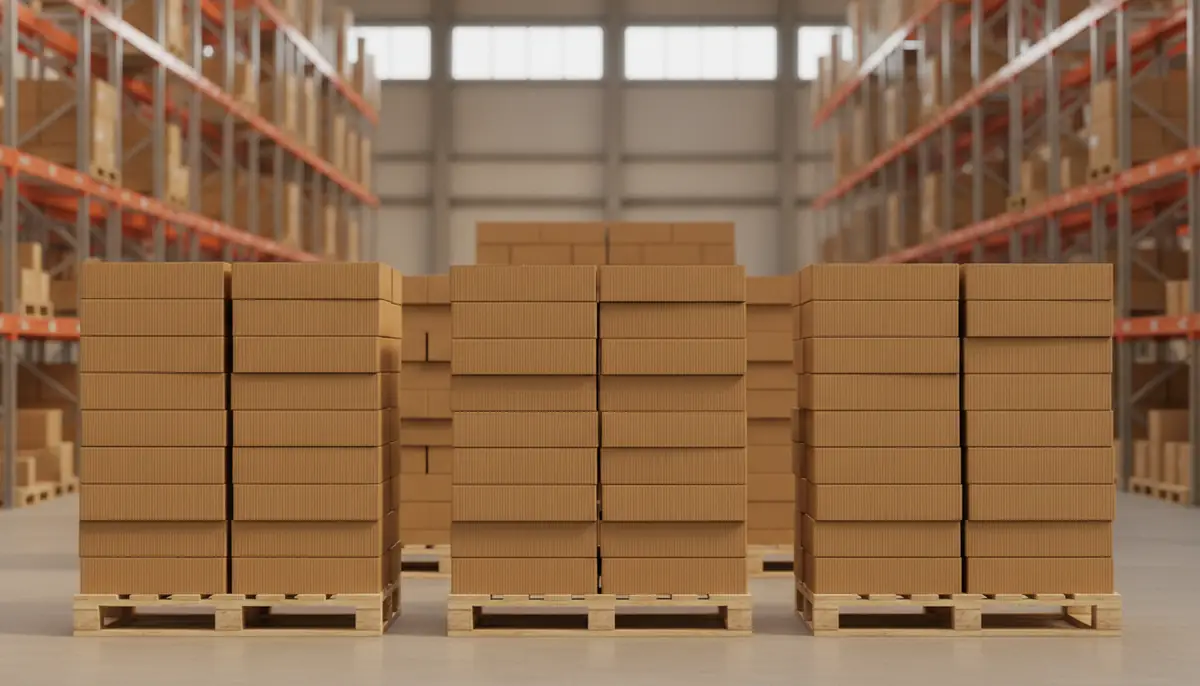 Palettes de cartons empilees dans un entrepot logistique eclaire, symbole de l'explosion des importations