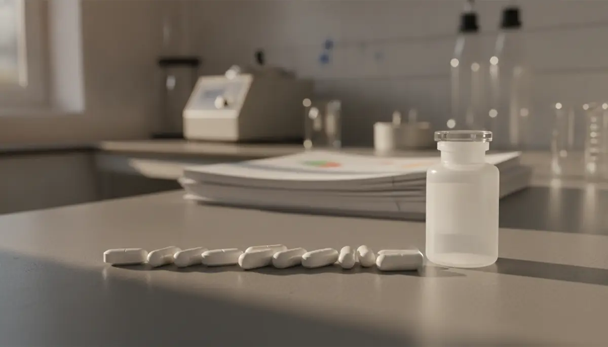 Comprimés blancs et gélules alignés sur une paillasse de laboratoire, à côté d'un flacon anonyme