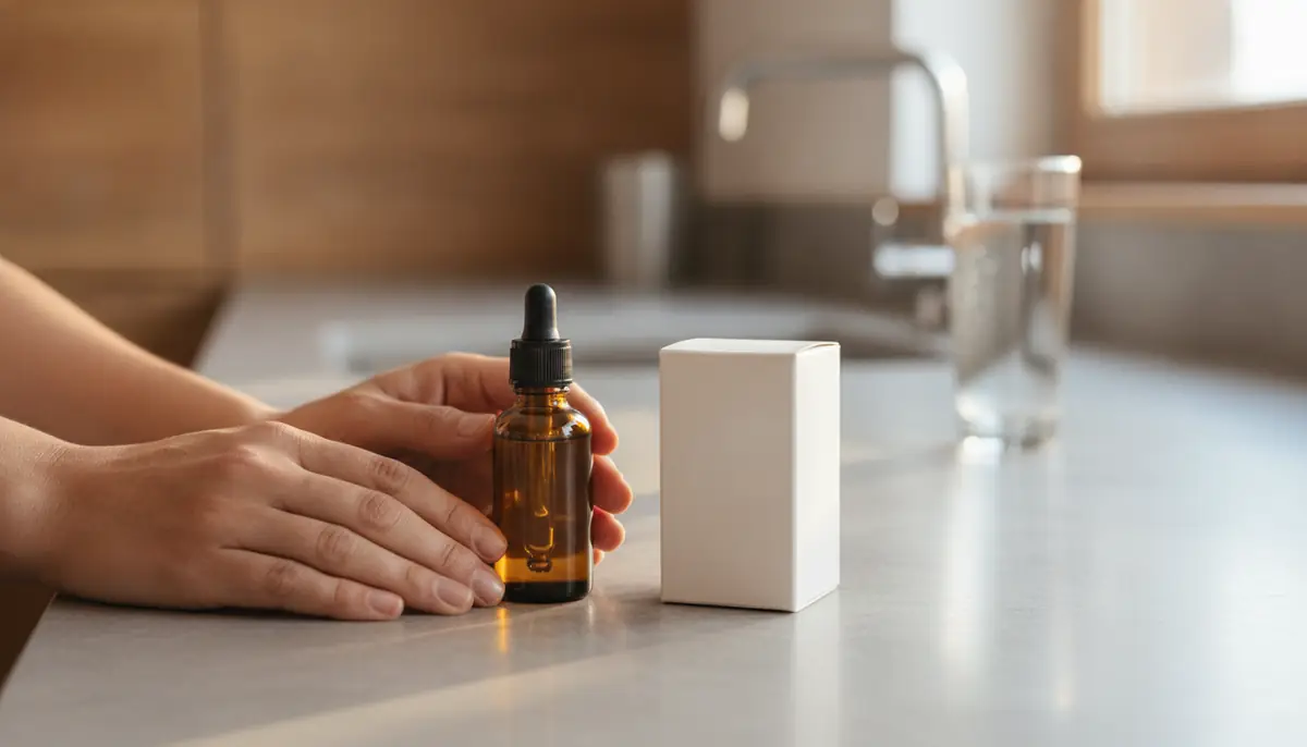 Mains tenant un flacon compte-gouttes de CBD ambre a cote d'une boite de complement a l'etiquette neutre sur un comptoir clair