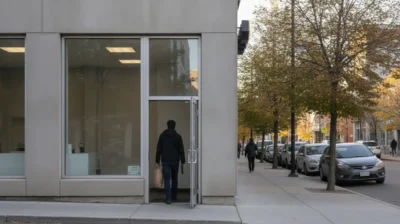 Devanture sobre d'une boutique officielle de cannabis au Quebec, un client sortant avec un sac neutre
