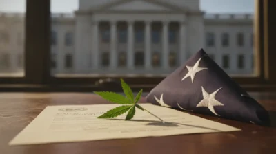 Drapeau des États-Unis et feuille de cannabis médical devant un bâtiment administratif, symbole du reclassement fédéral.