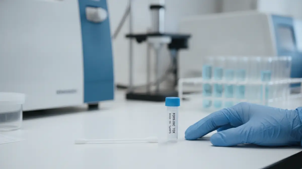 Écouvillon de prélèvement salivaire et tube d'analyse posés sur une paillasse de laboratoire de toxicologie