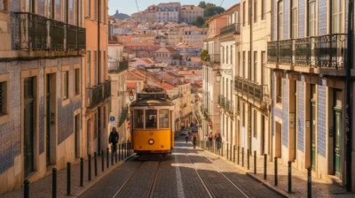Rue ensoleillee de Lisbonne avec un tramway jaune et des facades couvertes d'azulejos, symbole du Portugal.