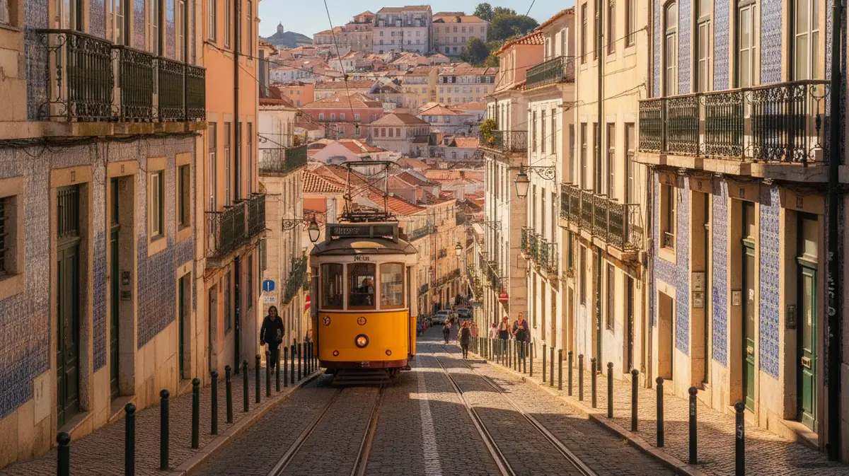 Rue ensoleillee de Lisbonne avec un tramway jaune et des facades couvertes d'azulejos, symbole du Portugal.