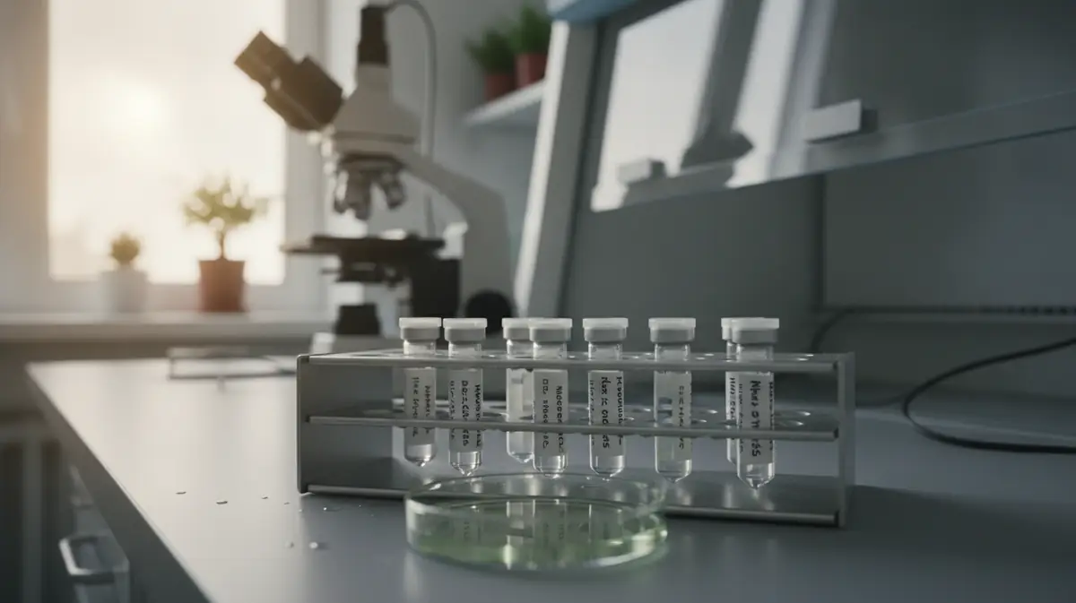 Gros plan sur des flacons de cellules cryoconservées et un modèle de placenta dans un laboratoire de recherche.