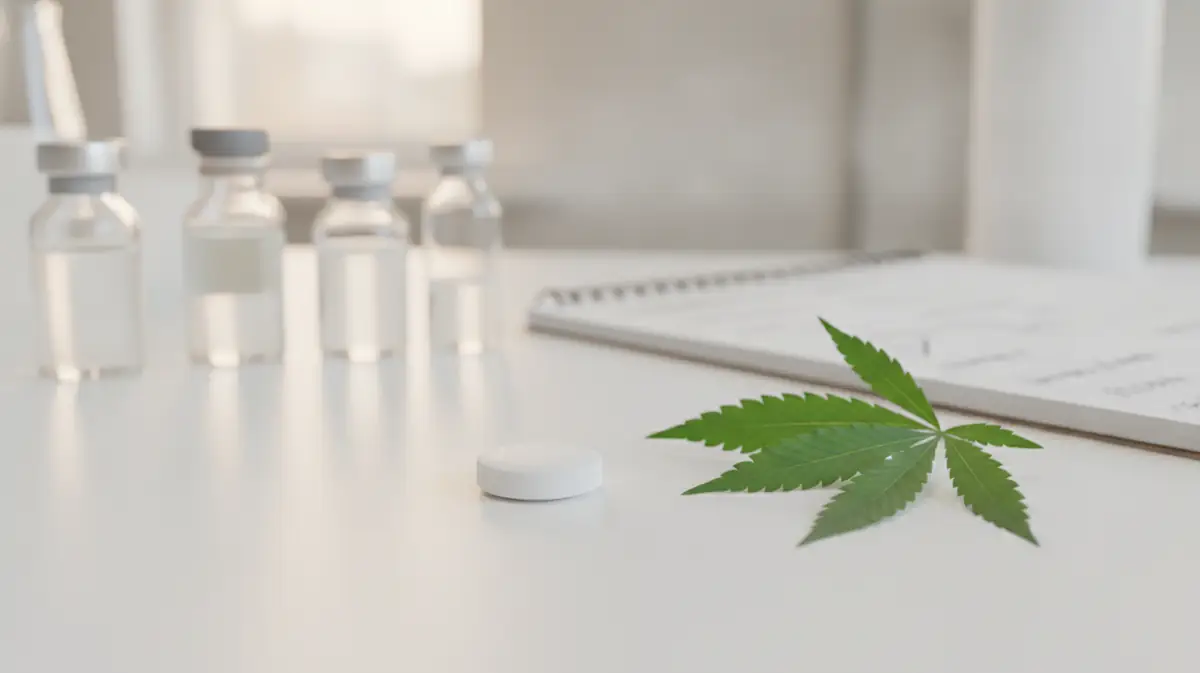 Comprimé blanc posé à côté de feuilles de chanvre, sur un fond clair de laboratoire