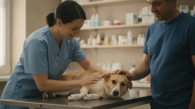 Un vétérinaire en blouse examine un chien sur une table de consultation, en présence de sa propriétaire