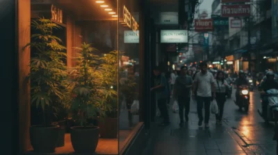 Une boutique de cannabis dans une rue commerçante thaïlandaise, à la tombée du jour
