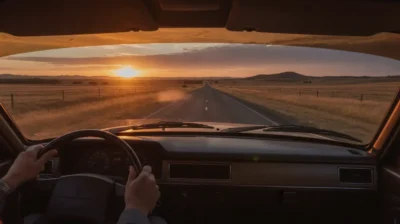 Une voiture roule sur une route australienne au coucher du soleil