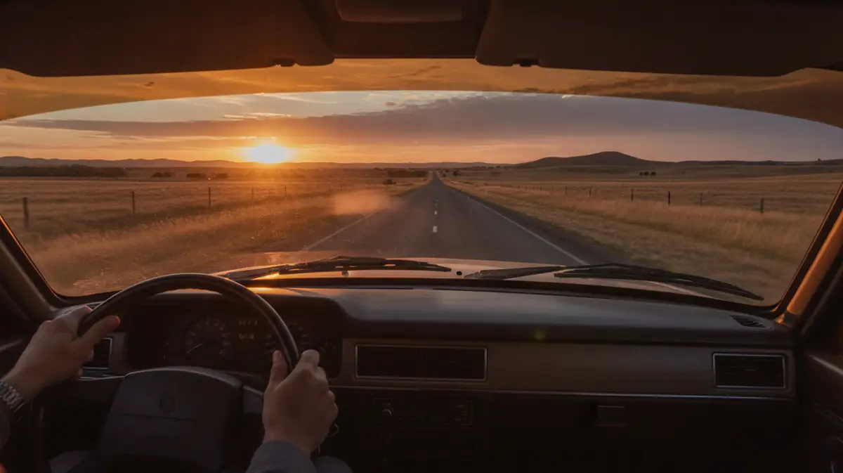 Une voiture roule sur une route australienne au coucher du soleil