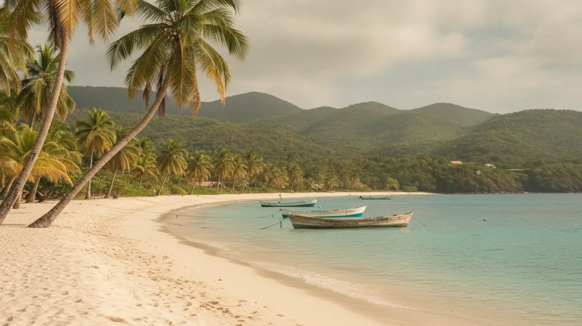 Un littoral des Caraibes aux eaux turquoise borde de palmiers sous une lumiere chaude