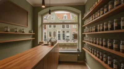 Interieur d'un coffeeshop legal aux Pays-Bas, comptoir moderne et etageres de produits en pots neutres