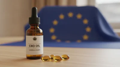 Gélules et flacon d'huile de CBD posés près du drapeau européen, illustrant la réglementation du CBD alimentaire en Europe