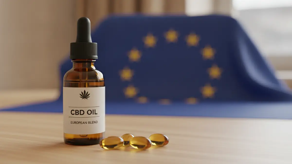 Gélules et flacon d'huile de CBD posés près du drapeau européen, illustrant la réglementation du CBD alimentaire en Europe