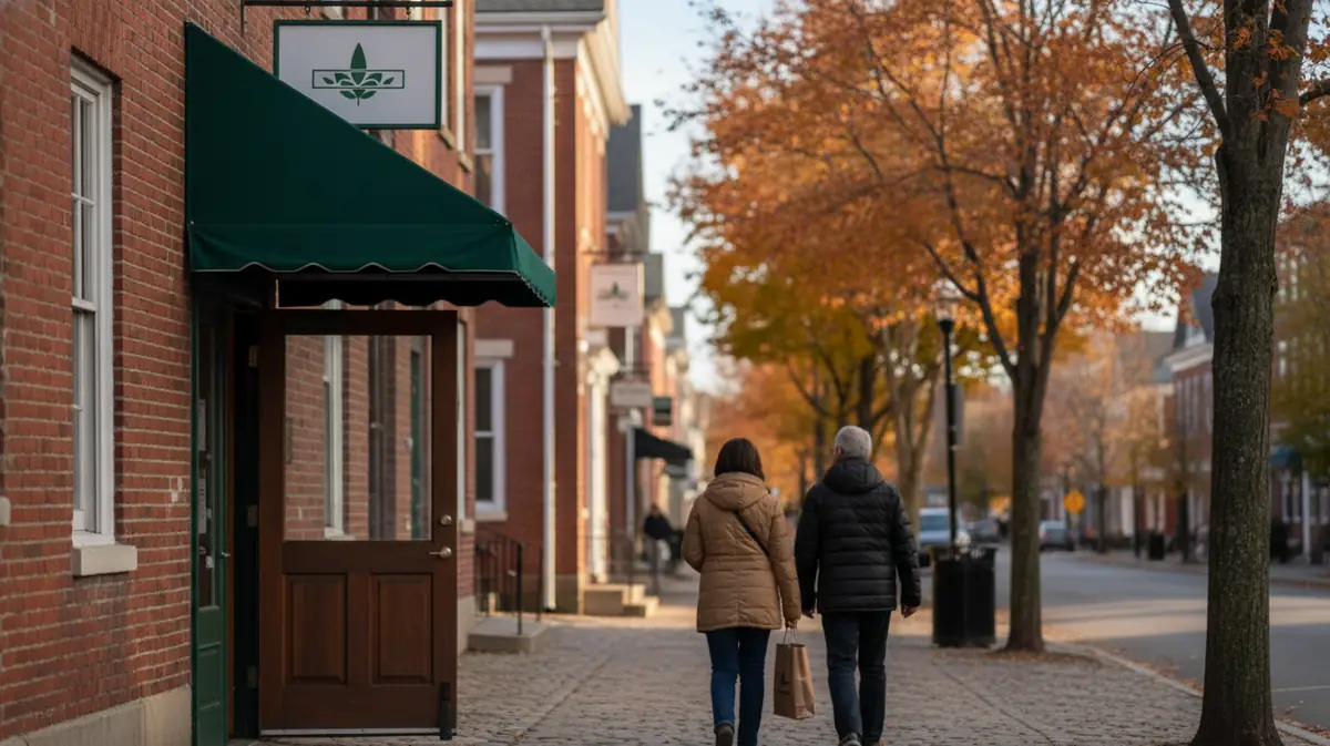 Devanture d'une boutique de cannabis americaine dans une rue du Massachusetts, un jour de vote