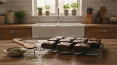 Plateau de brownies refroidissant sur une grille dans une cuisine chaleureuse, a cote d'un petit bol d'herbes sechees