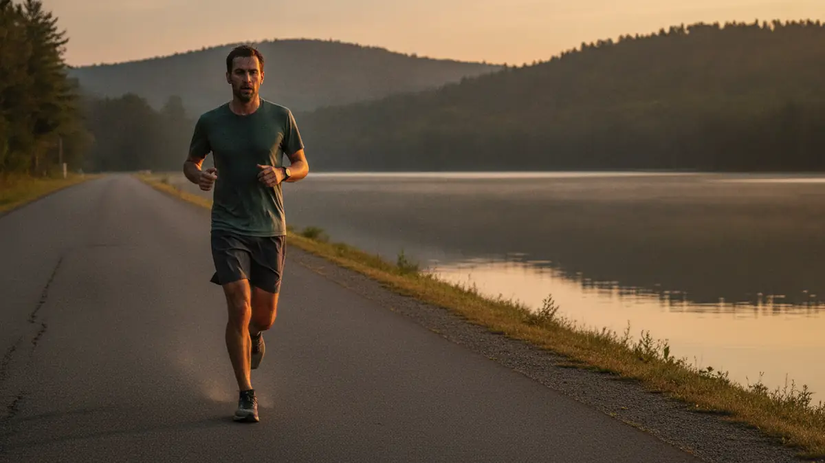Coureur de fond seul sur une route au bord d'un lac au petit matin, foulee reguliere, lumiere chaude