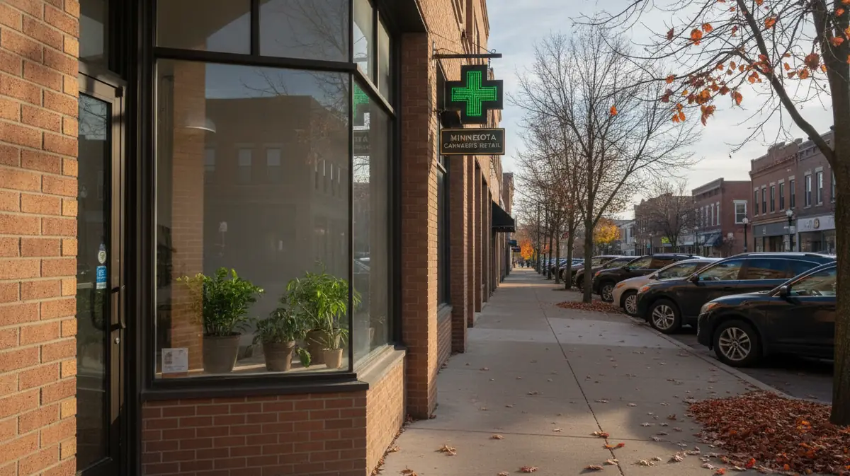 Devanture d'une boutique de cannabis agreee dans une rue commercante du Minnesota