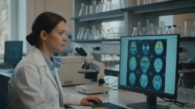 Chercheur en neurosciences observant une image de cerveau sur un ecran dans un laboratoire
