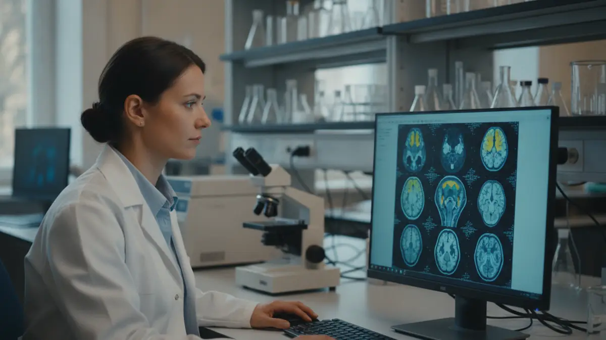 Chercheur en neurosciences observant une image de cerveau sur un ecran dans un laboratoire