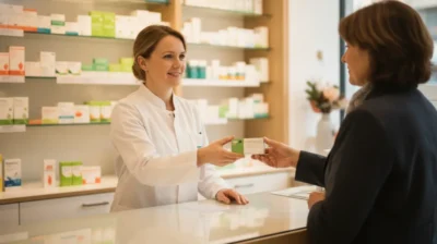 Pharmacien remettant une boite de medicament a un client au comptoir d'une pharmacie