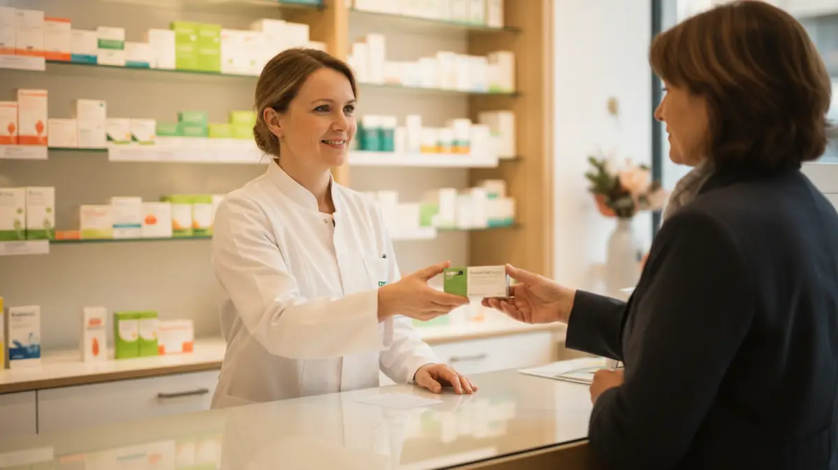 Pharmacien remettant une boite de medicament a un client au comptoir d'une pharmacie