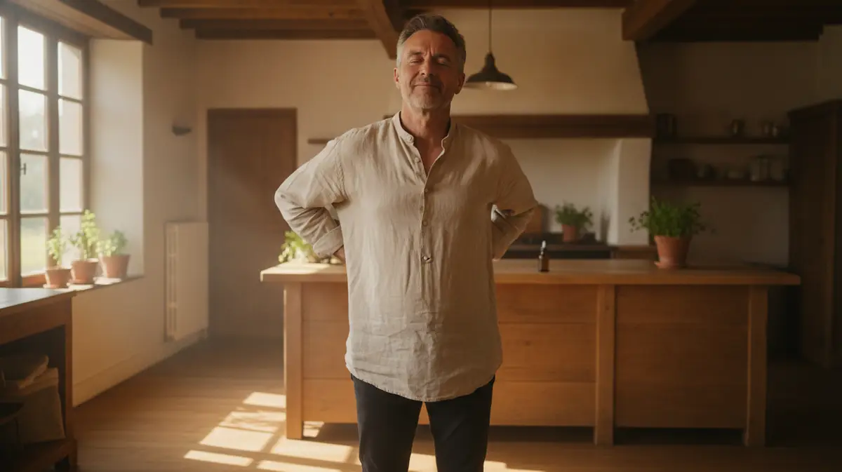 Personne d'âge mûr tenant une main dans le bas du dos près d'une fenêtre lumineuse, un flacon compte-gouttes posé sur la table.