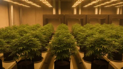 Salle de culture d'une association de cannabis en Allemagne, rangees de plants sous eclairage horticole