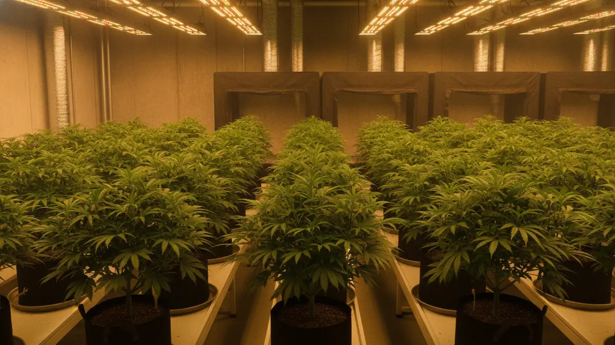 Salle de culture d'une association de cannabis en Allemagne, rangees de plants sous eclairage horticole