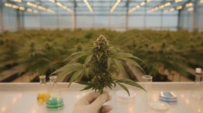 Plants de cannabis en gros plan dans une serre de recherche, symbole de l'étude scientifique de la plante entière