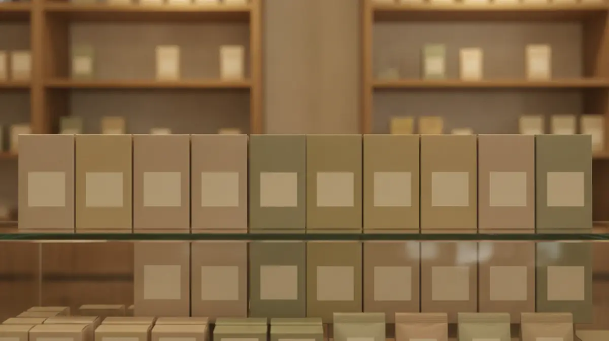 Comptoir d'une boutique de cannabis avec des produits emballes ranges derriere la vitre
